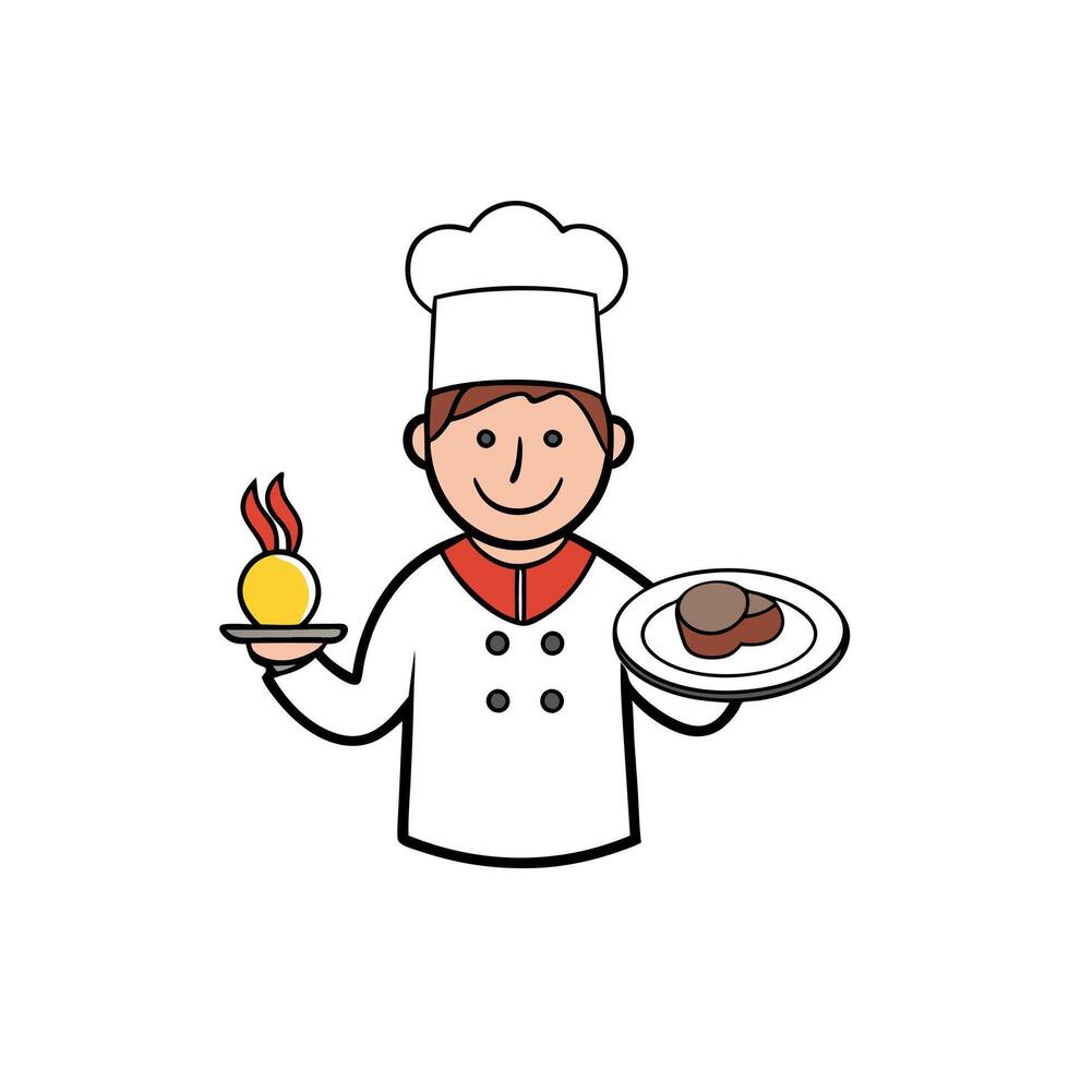 A chef is holding a plate with a breakfast meal consisting of eggs. bacon vector