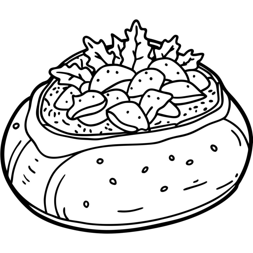 A loaded baked potato with a variety of toppings sitting on a wooden table vector