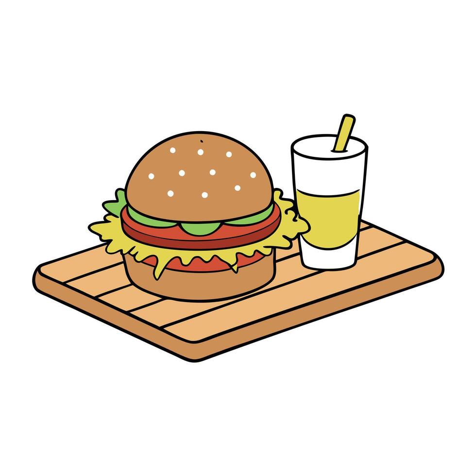 Cheeseburger with toppings. fries. and beer. presented on a cutting board. vector