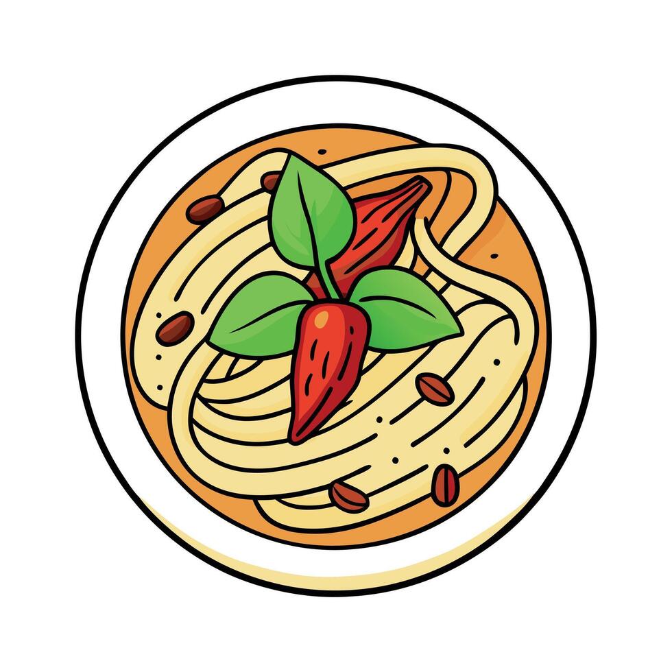 Italian pasta topped with bacon basil garlic and dried chilies Top view vector