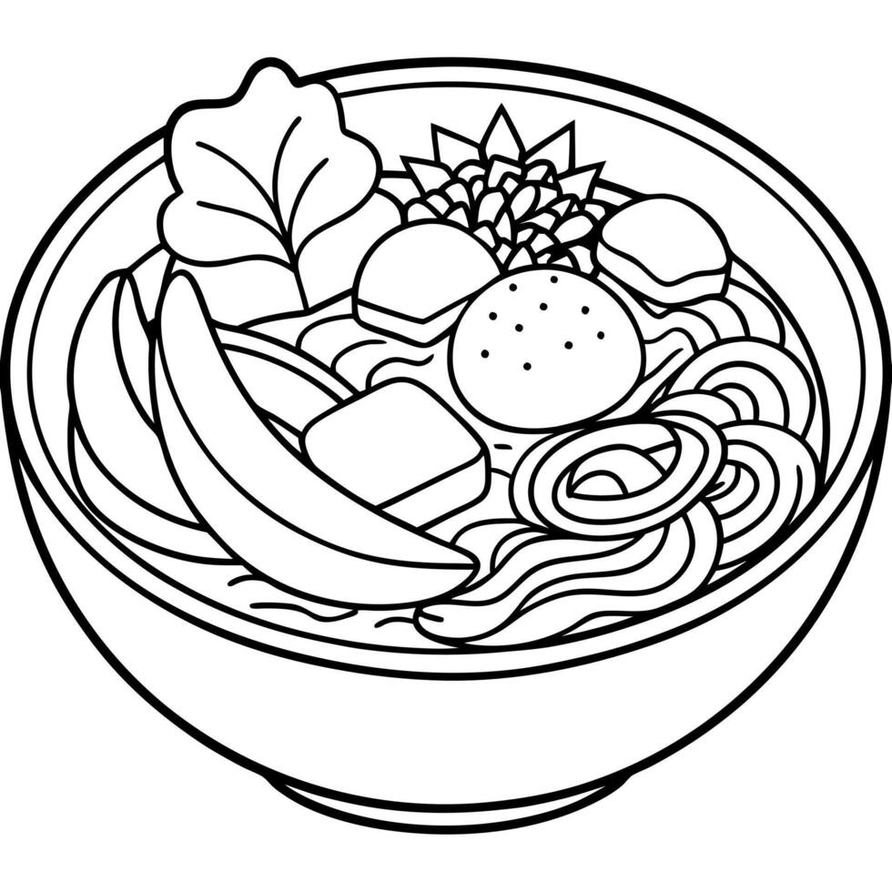 Fresh. healthy Asian noodle soup with beef. chicken. egg. and vegetables. vector