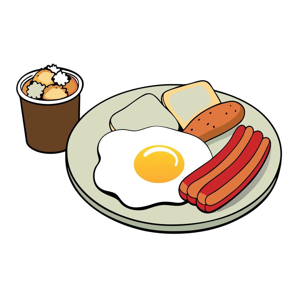 American Breakfast - Scrambled Egg. Bacon. Sausage. Hash Brown. and Toast vector