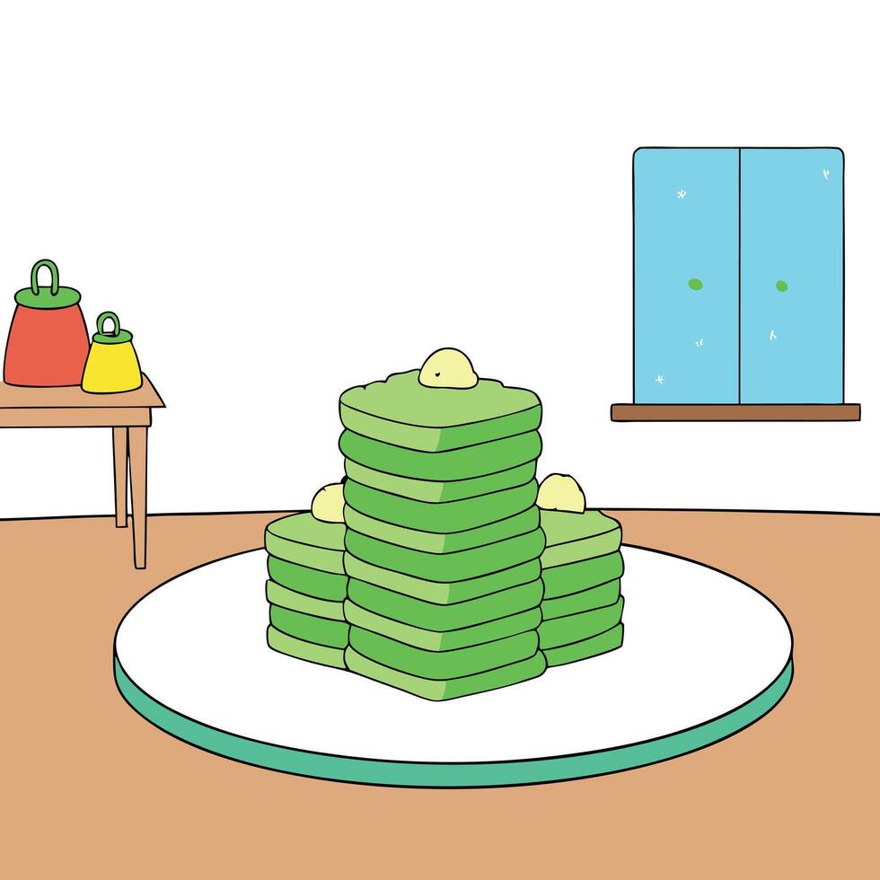 A green plate holds stacks of sandwiches on a wooden table in a kid's room vector