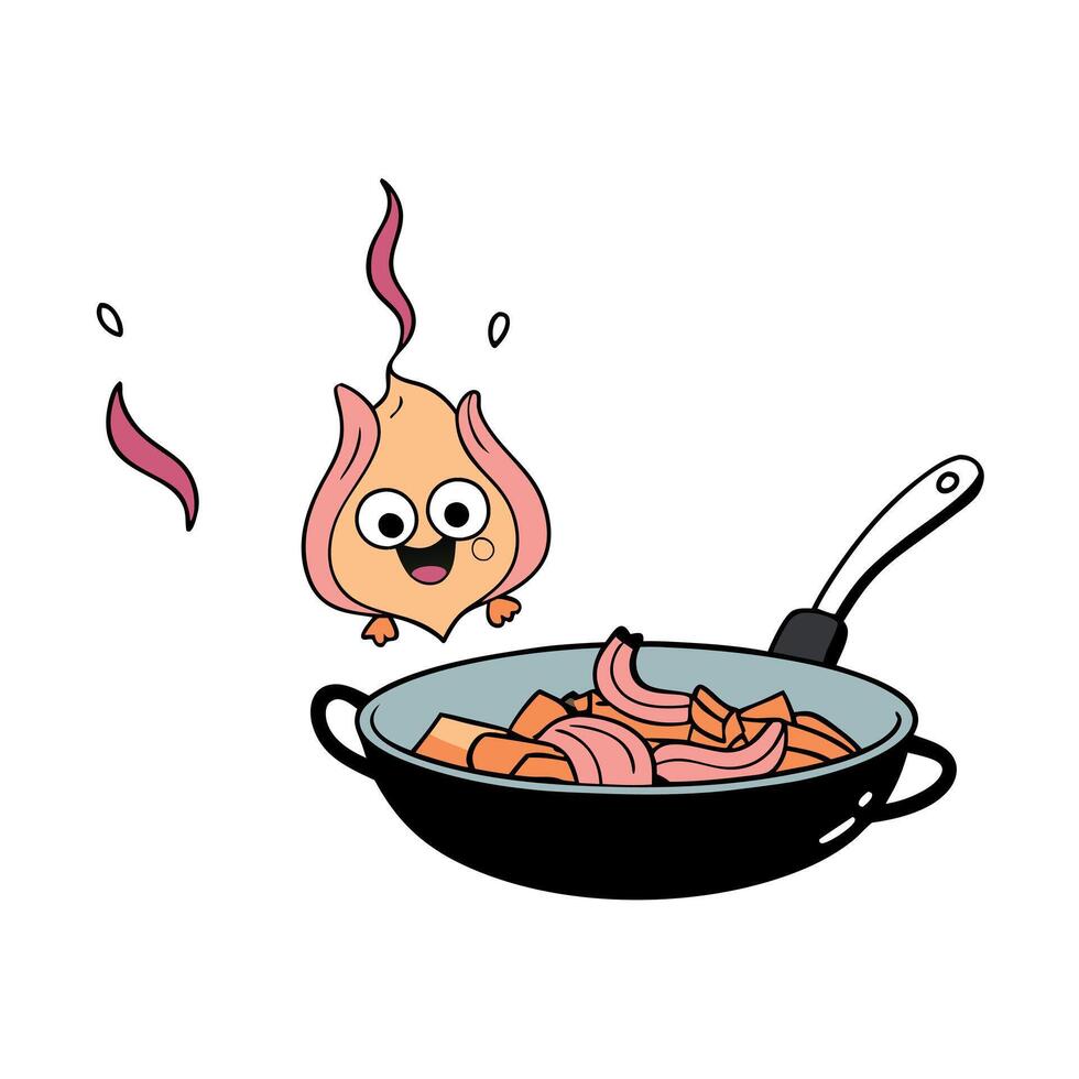 Diced bacon frying with onions in a hot pan. releasing mouthwatering aroma vector
