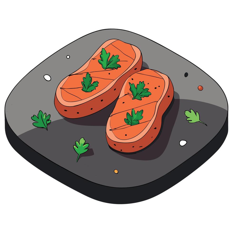 Grilled pork steaks with herbs and spices on stone table from above view vector