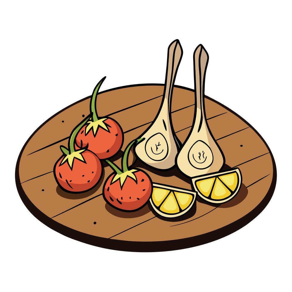 Grilled Lamb Chops with Garlic. tomatoes. lemon. on old wooden table vector