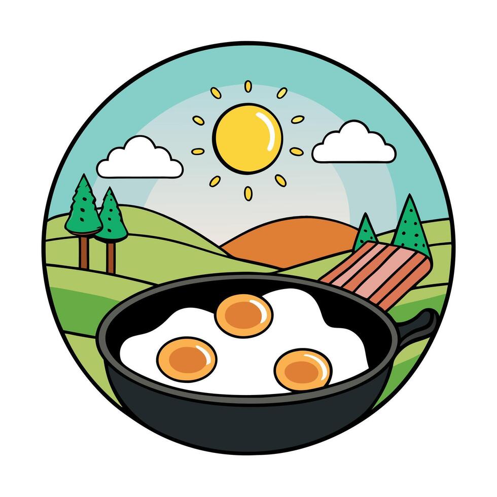 Cast Iron Pan Cooking Sunny Side Up Eggs With Bacon And Herbs Outdoors vector