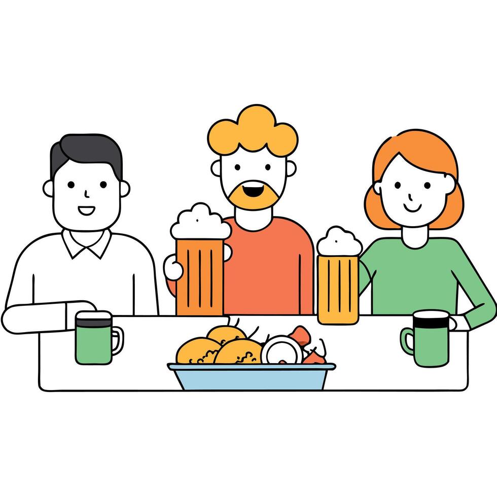 Group of friends enjoying a meal of hearty dishes and refreshing beer. vector