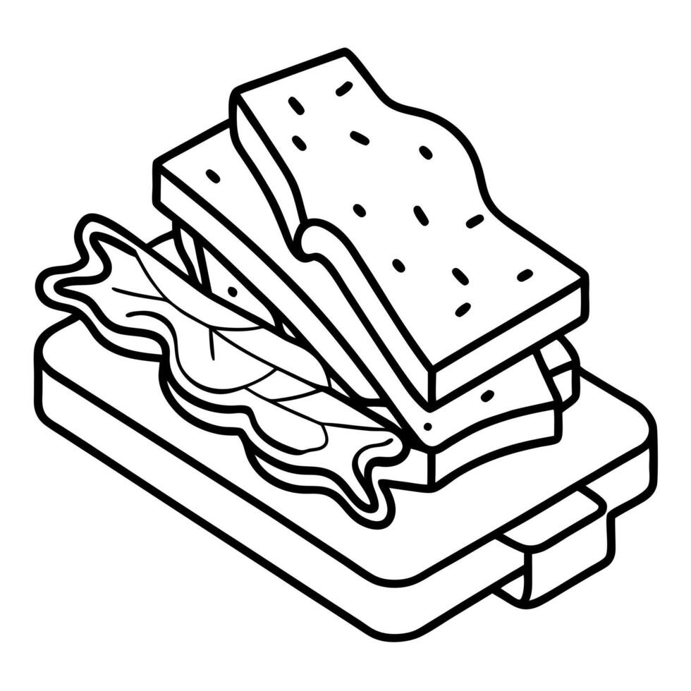 A delicious grilled cheese sandwich with bacon and basil on a wooden board. vector