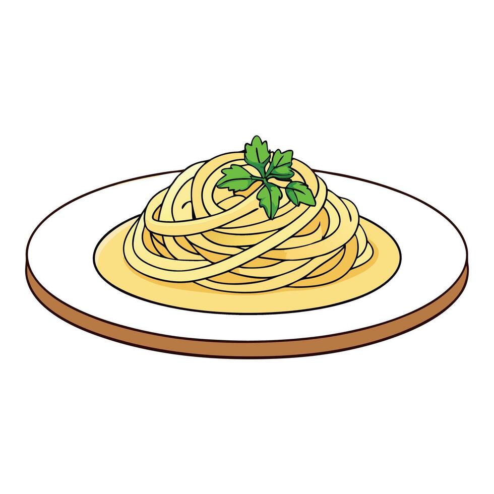 A plate of spaghetti carbonara with parsley garnish on a wooden table. vector