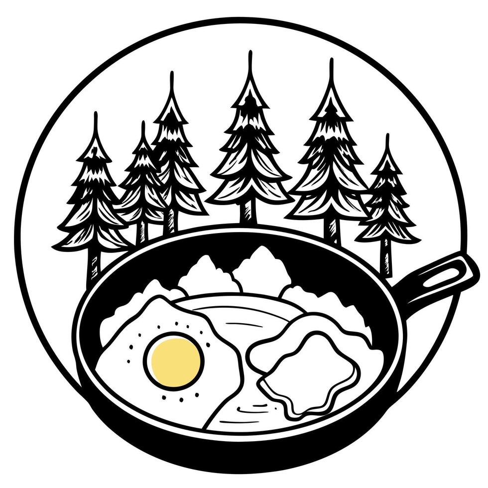 Cast Iron Pan With Sunny Side Up Eggs and Bacon in a Forest Retreat vector
