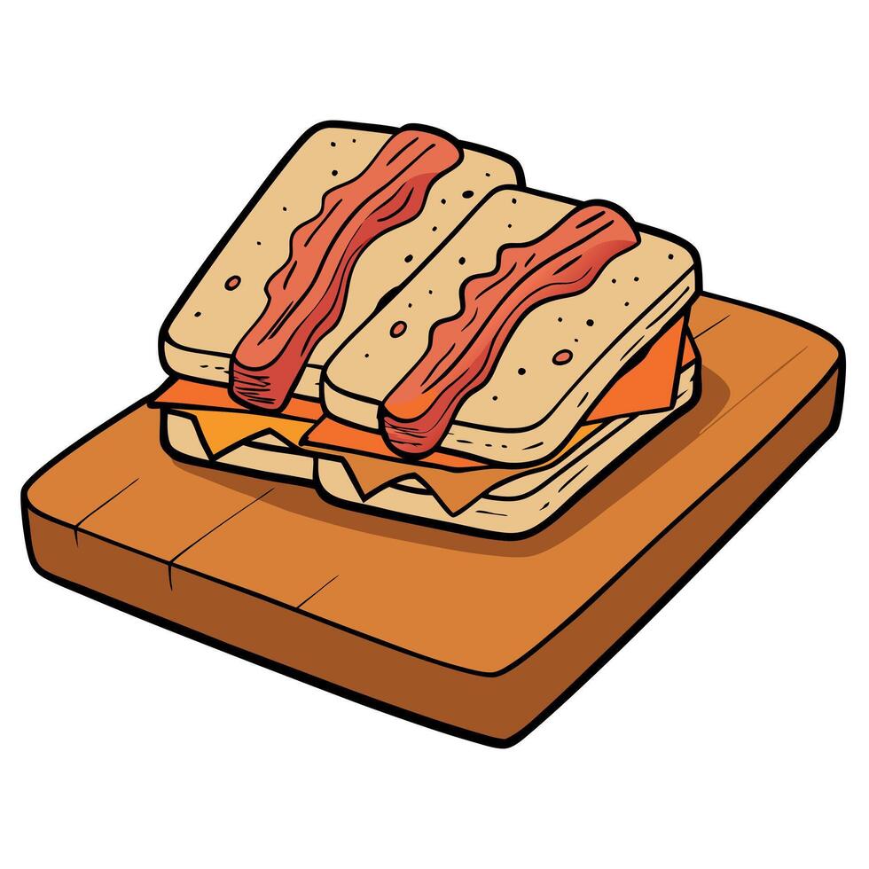 Delicious sandwiches with fried bacon on wooden rustic table. closeup vector