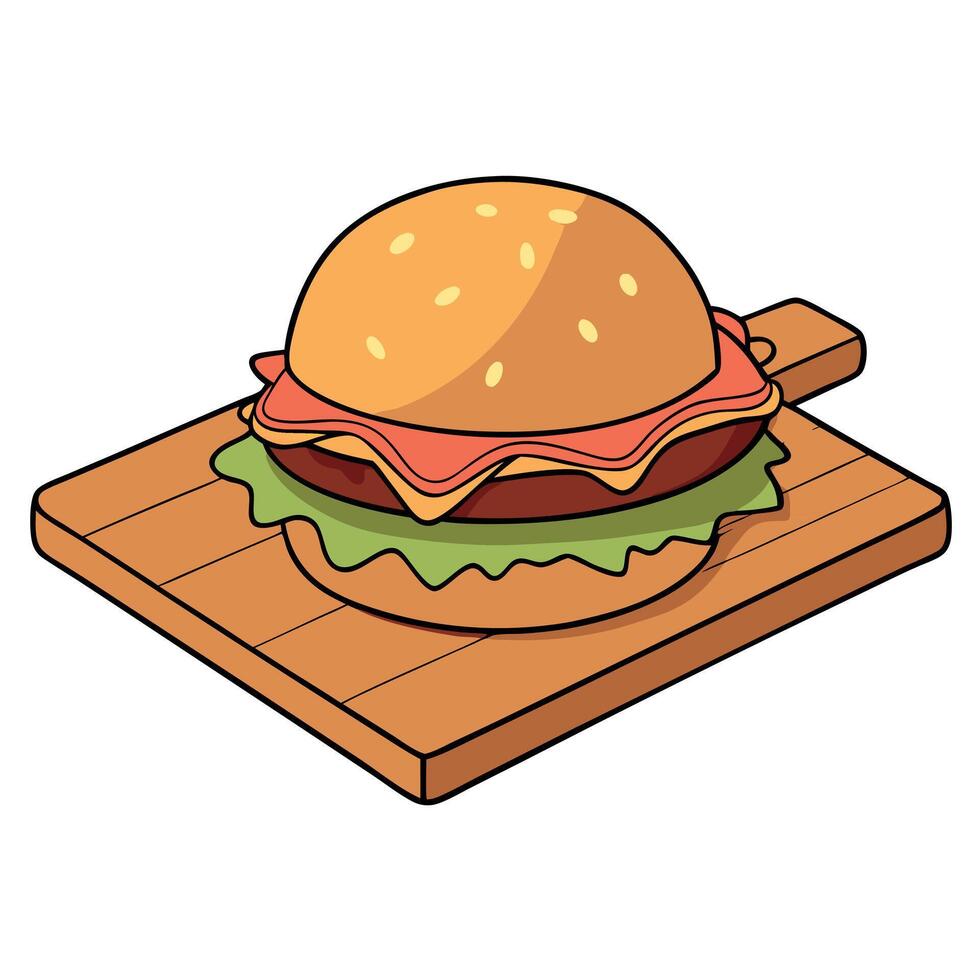 Close-up of juicy cheeseburger with bacon and tomato on wooden board vector