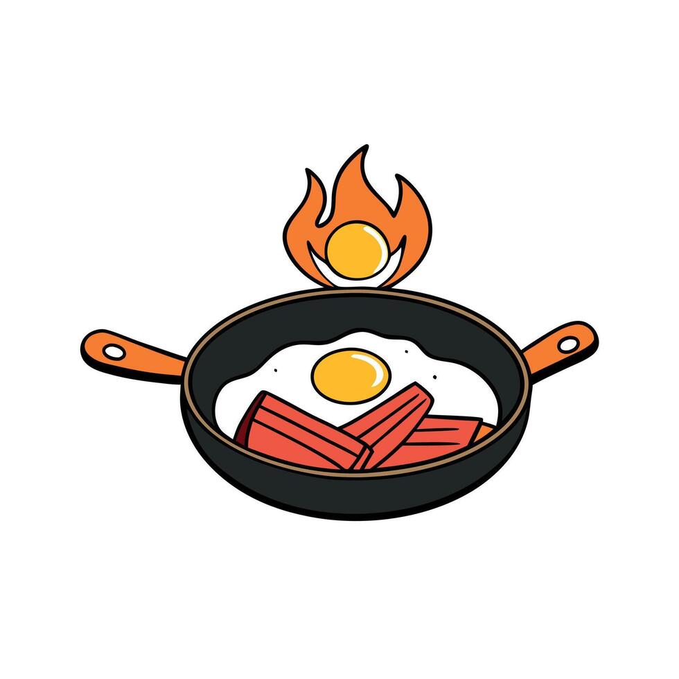 Delicious Sunny Side Up Eggs With Bacon in Cast Iron Pan on Campfire vector