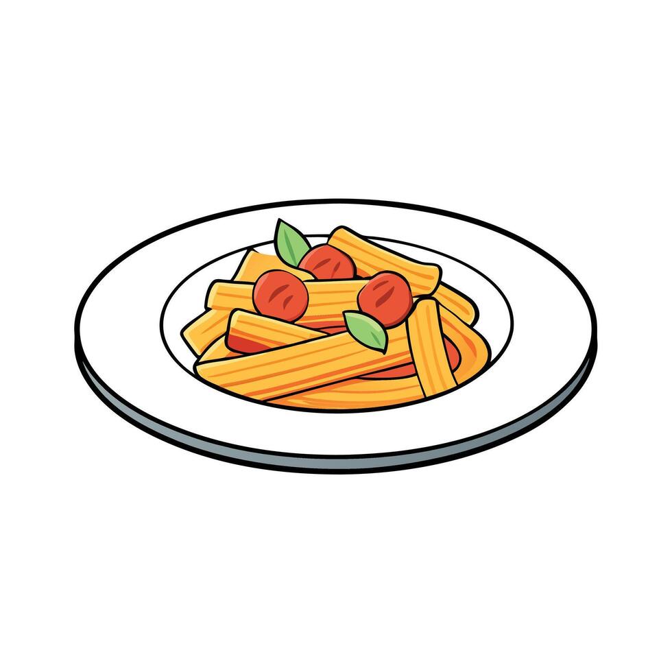 Close-up of a plate of pasta with bacon. parmesan cheese. and basil. vector