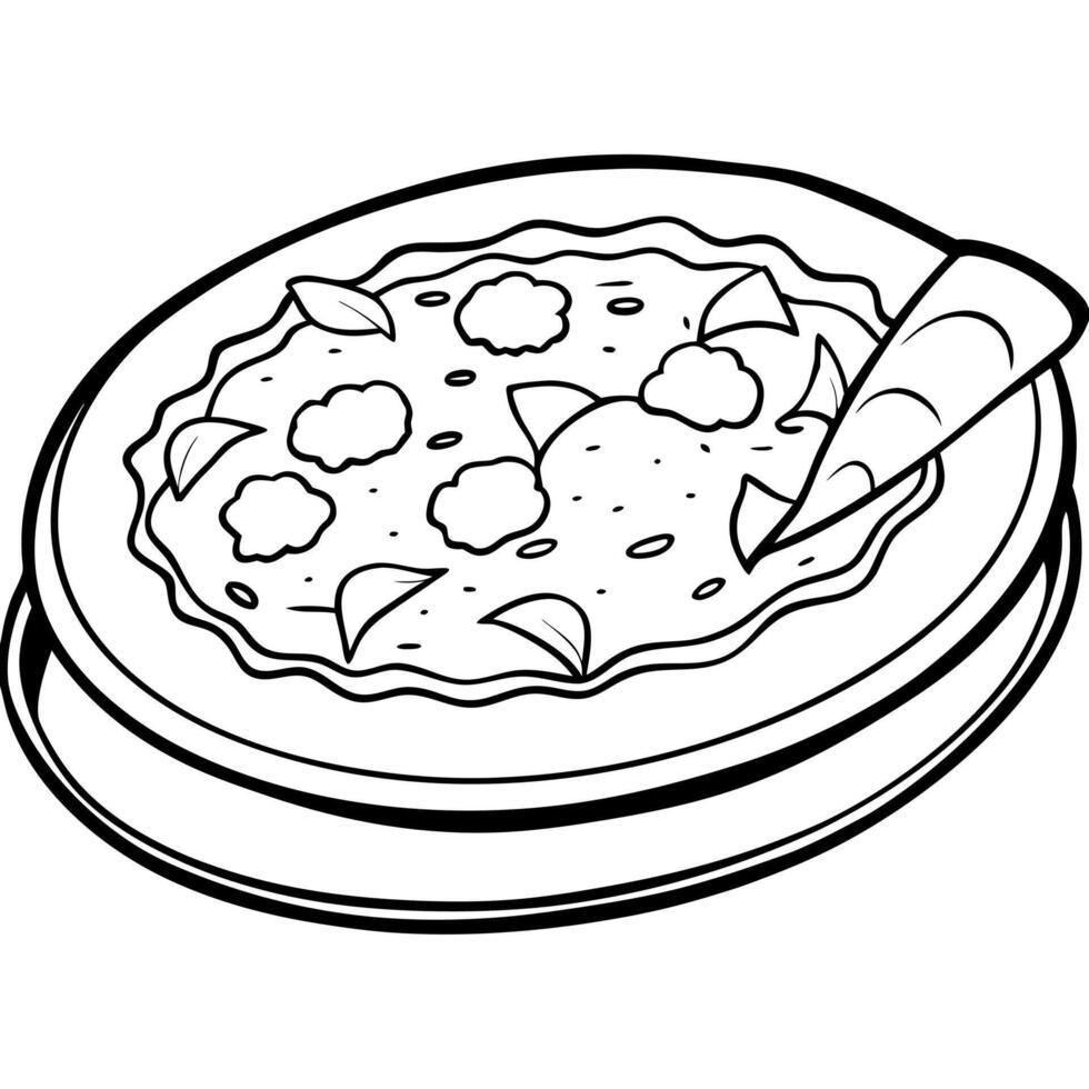 Hearty pizza on a metal tray against an aluminum foil background vector