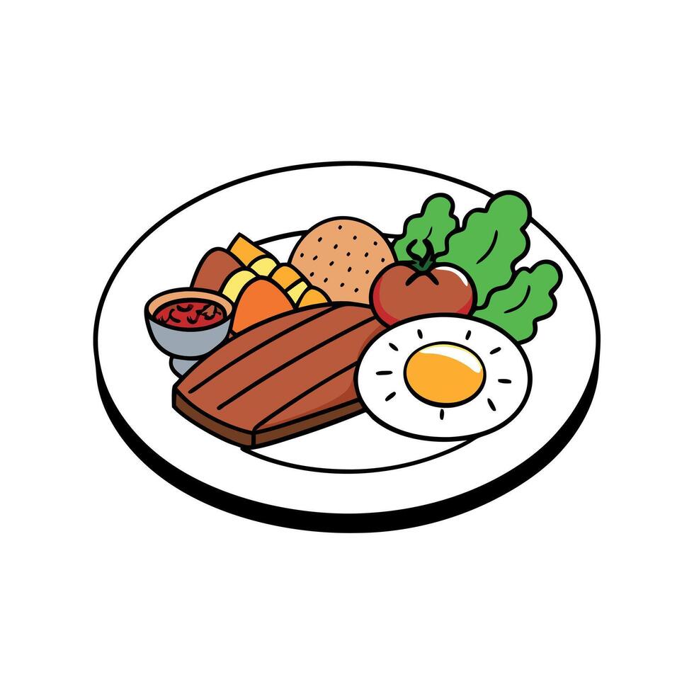 Concept art with copy space plate of egg grilled meat and vegetable vector