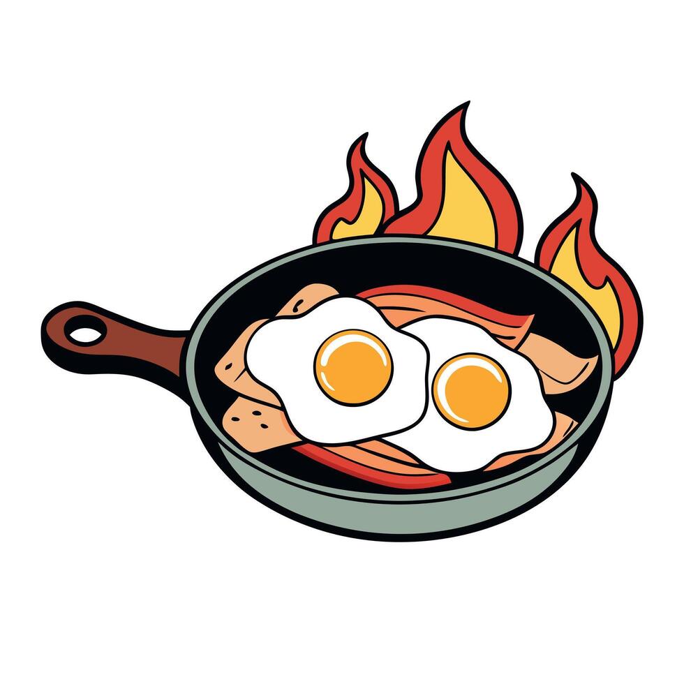 Cast Iron Pan With Sunny Side Up Eggs and Bacon Cooking Over Flames vector