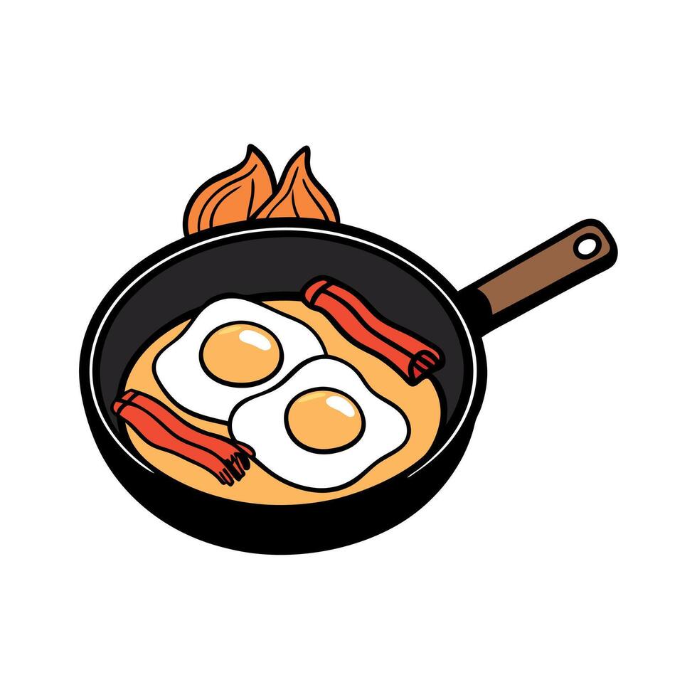 Cast Iron Pan With Sunny Side Up Eggs and Crispy Bacon Over Campfire vector