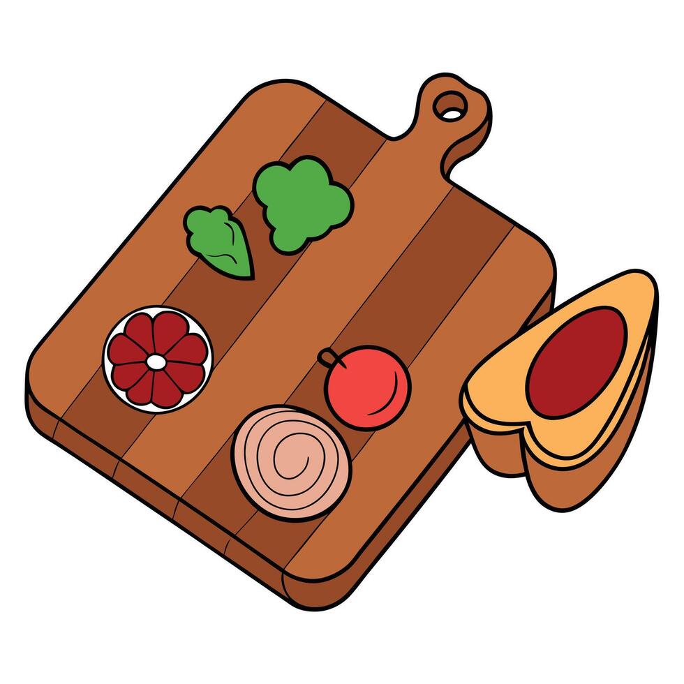 A wooden cutting board with a variety of meats and vegetables on it vector