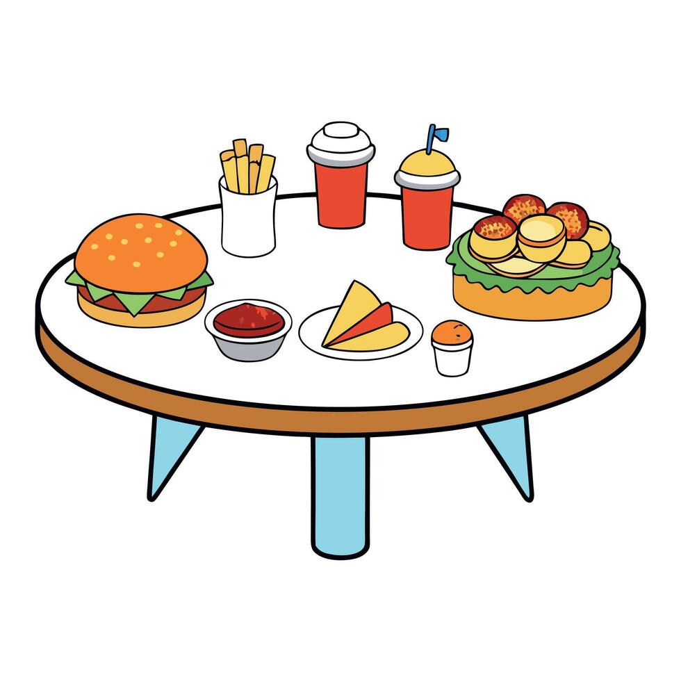 A table with a variety of food including hamburgers. fries. and pizza vector