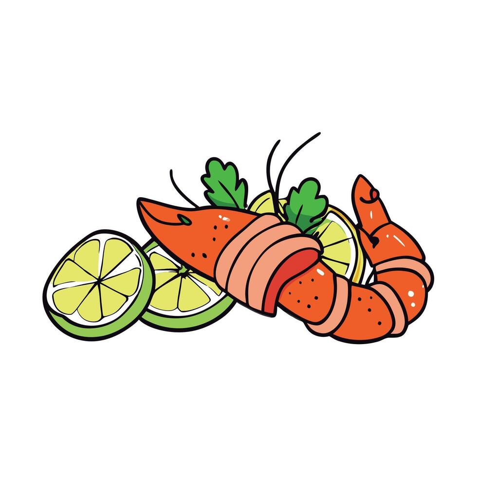 Close-up of grilled shrimp with bacon. thyme. and lime on a table. vector