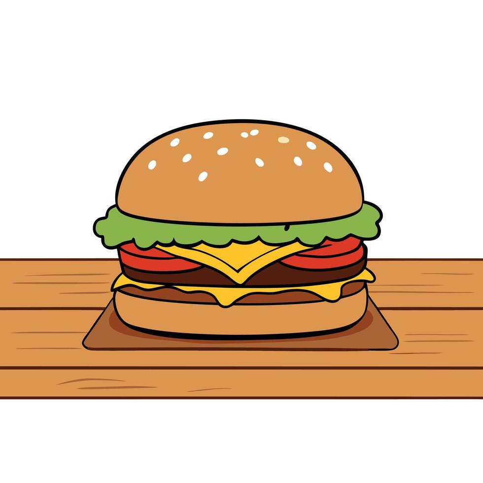 Cheeseburger with Toppings on Wooden Surface in Restaurant Setting vector