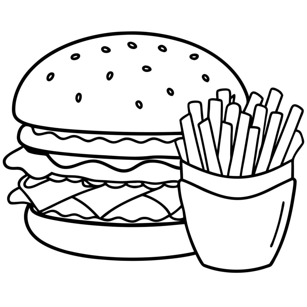 A tasty hamburger with fries. fast food. white background. isolated. vector