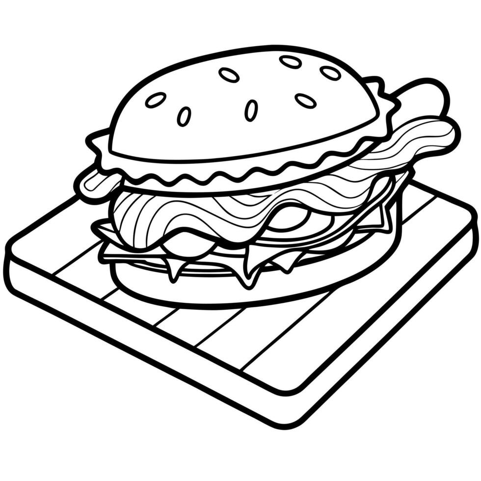 Close-up of juicy bacon cheeseburger with pickles on wooden board vector