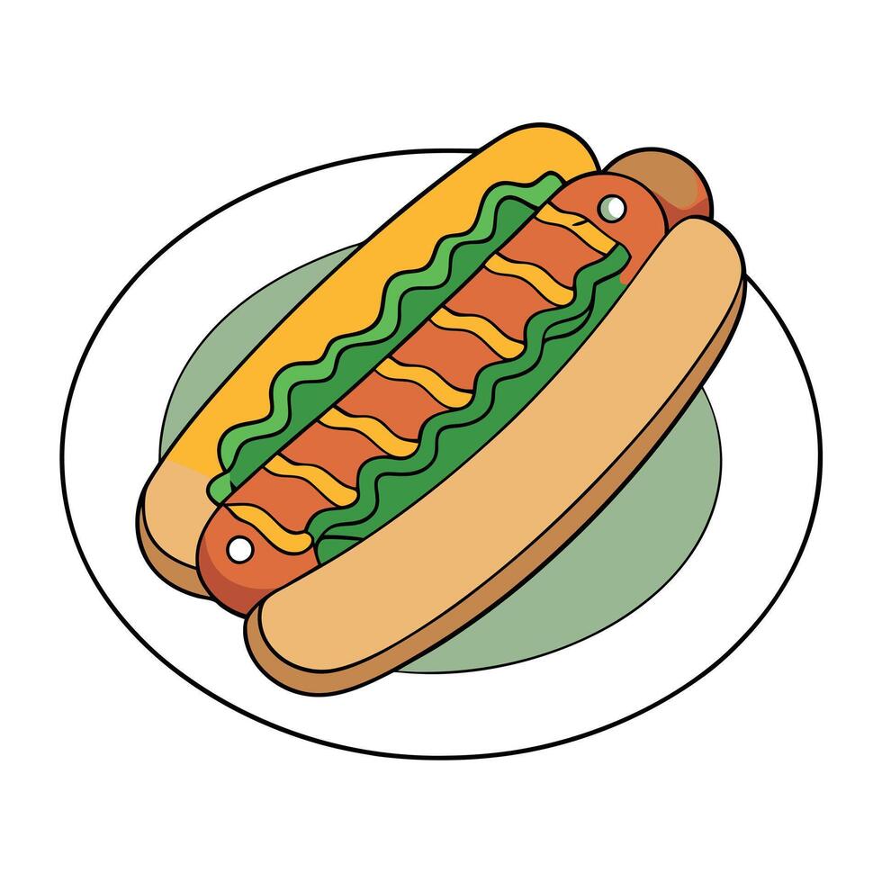 Hot dog with various toppings arranged on a plate viewed from above vector