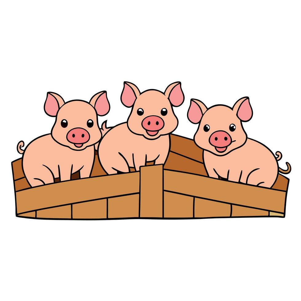 Close-up piglets playing in a pen strewn with straw. sweet little Pig vector