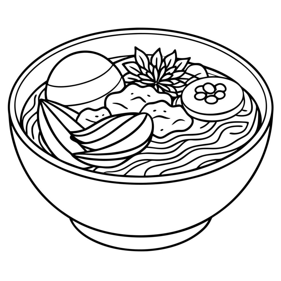 Japanese ramen with beef. egg and herbs. served in a ceramic bowl vector