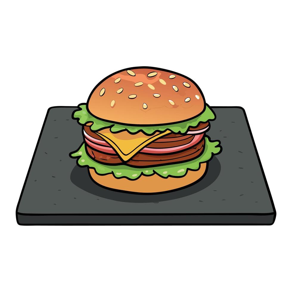Delicious double bacon burger on a slate plate with copy space image. vector
