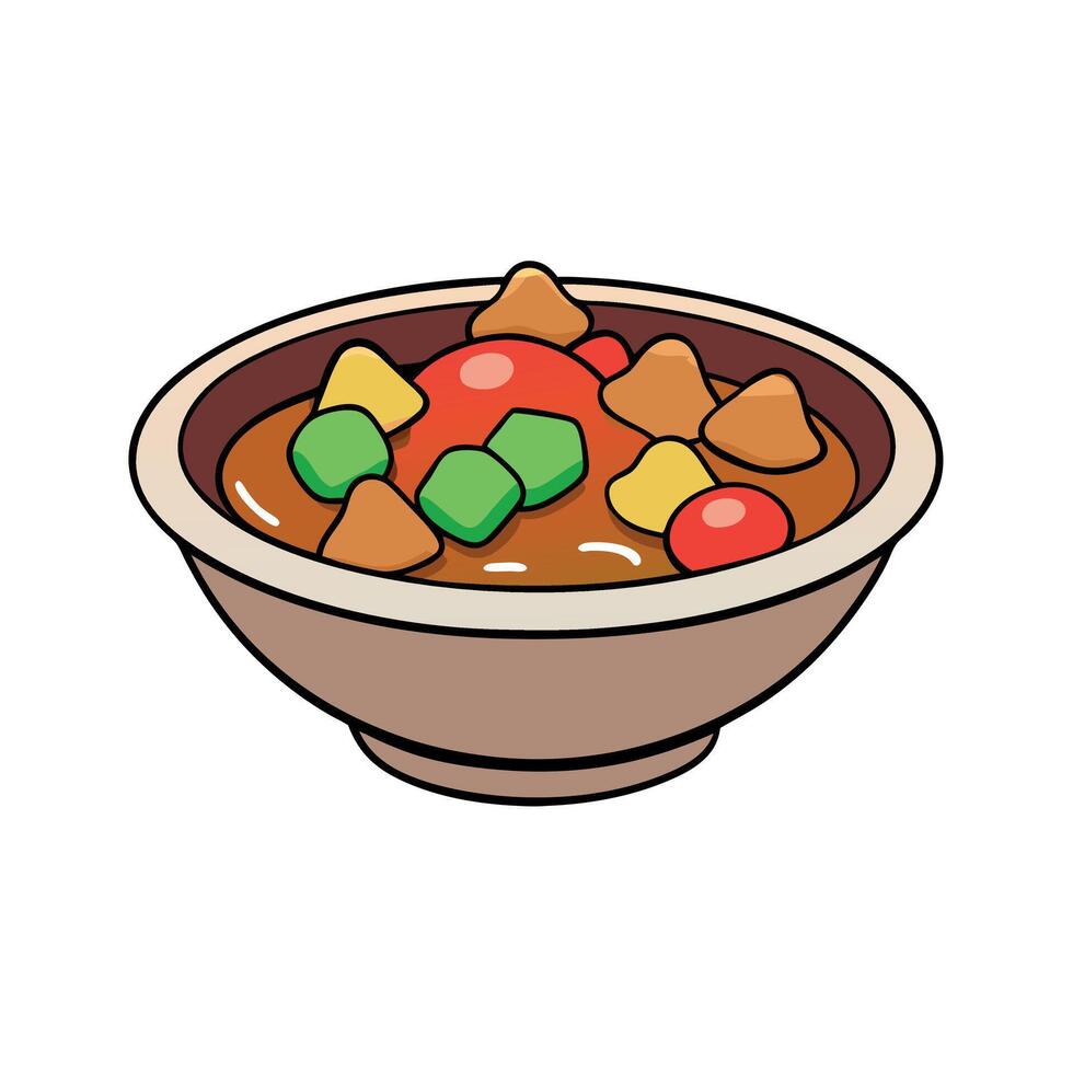 A bowl of hearty stew with chunks of meat and colorful vegetables. vector