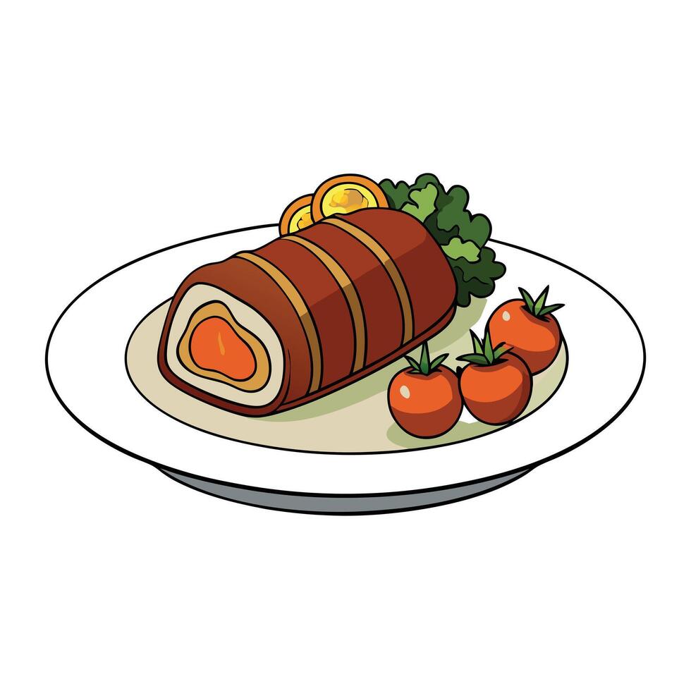Delicious bacon wrapped filet mignon served with roasted vegetables vector