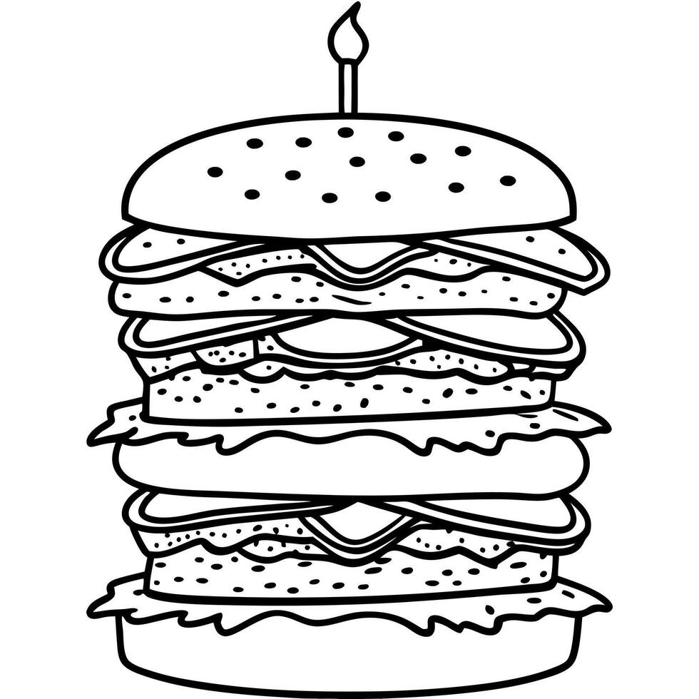 A towering double-decker burger with multiple patties and toppings. vector