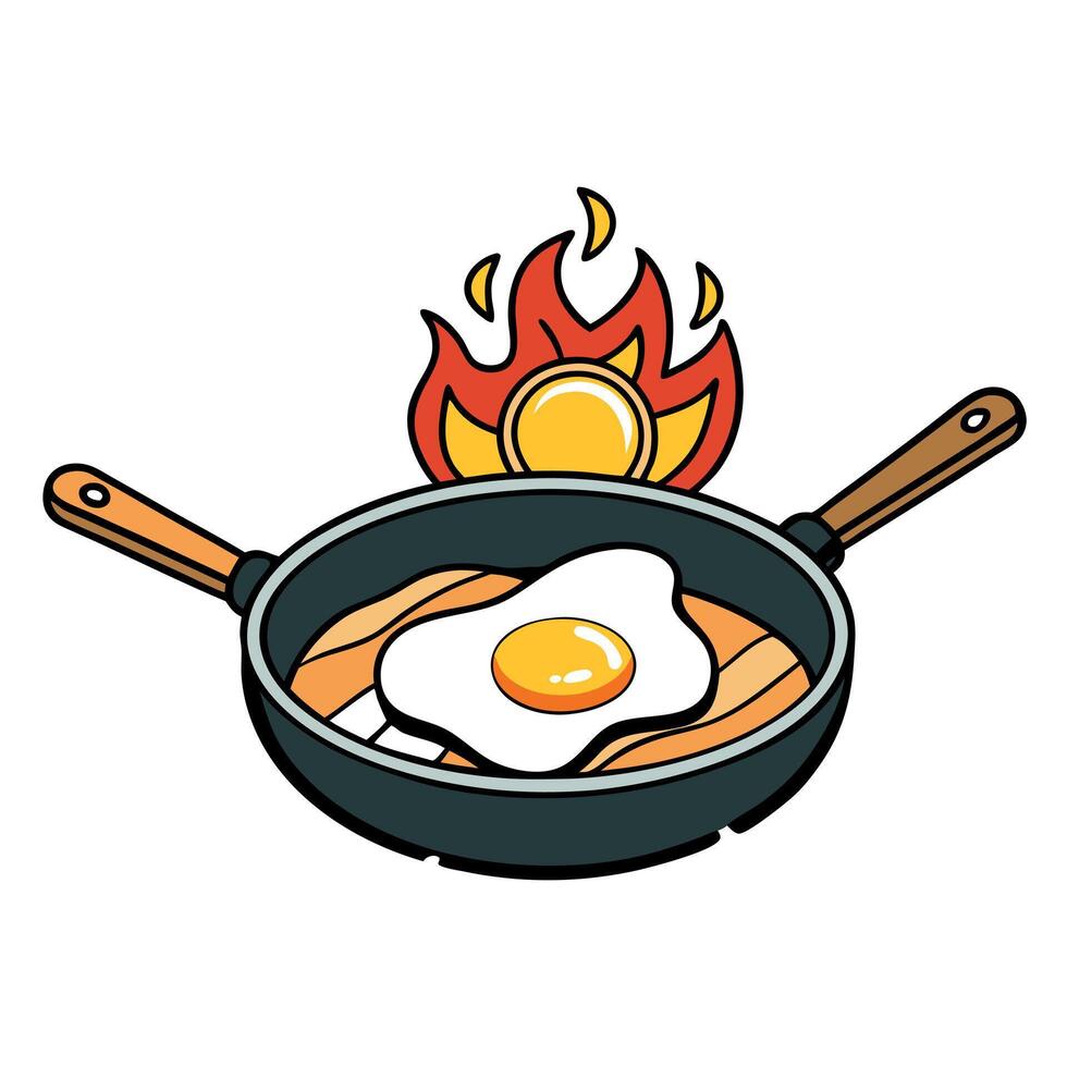 Cast Iron Pan Cooking Sunny Side Up Eggs and Bacon Over Open Fire vector