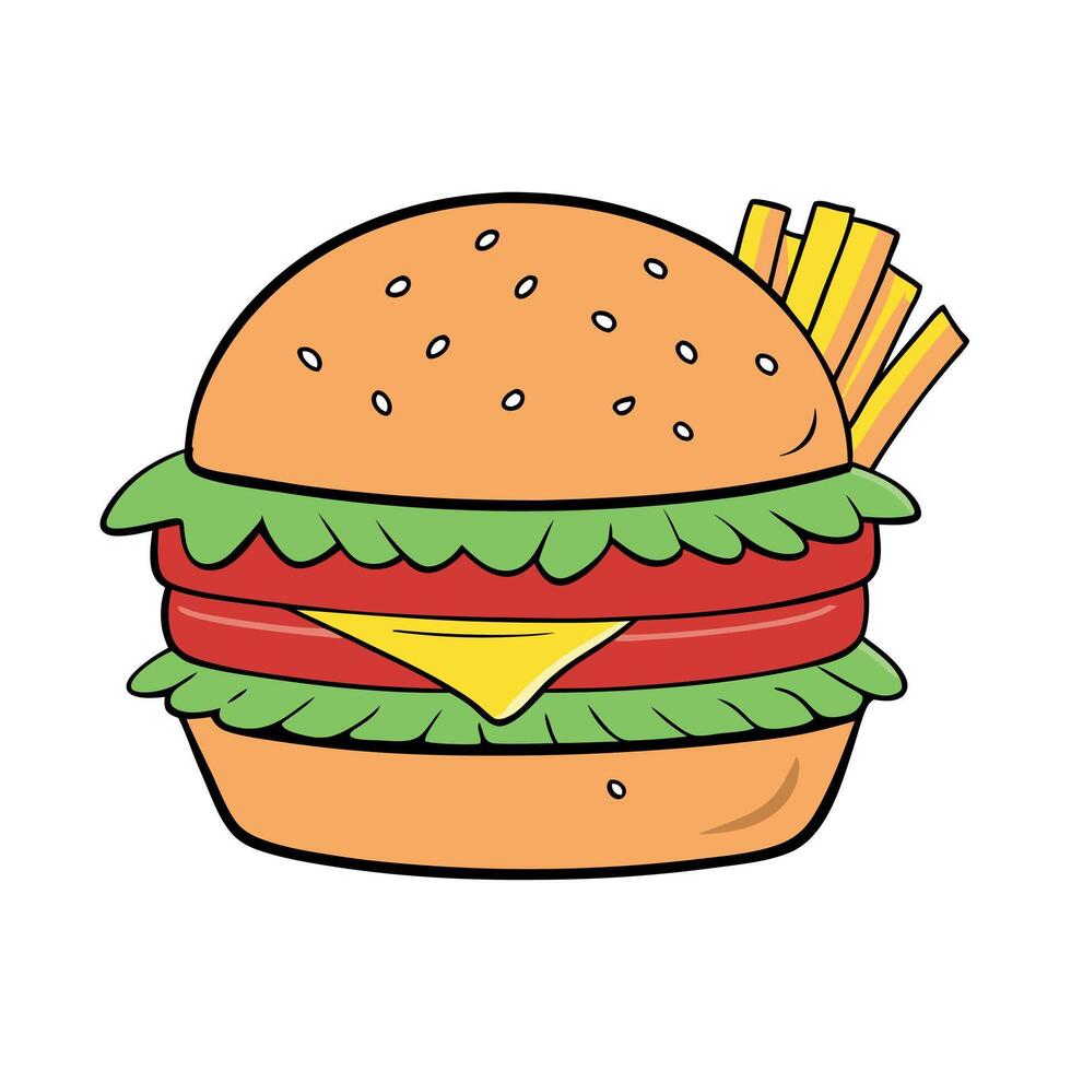 Fresh tasty burger with cheese. tomato and salad with french fries vector