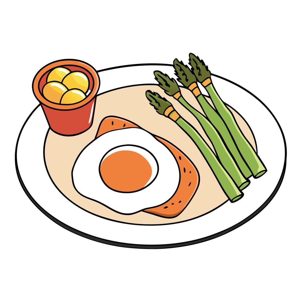 Delicious breakfast a plate with fried asparagus bacon and fried eggs vector
