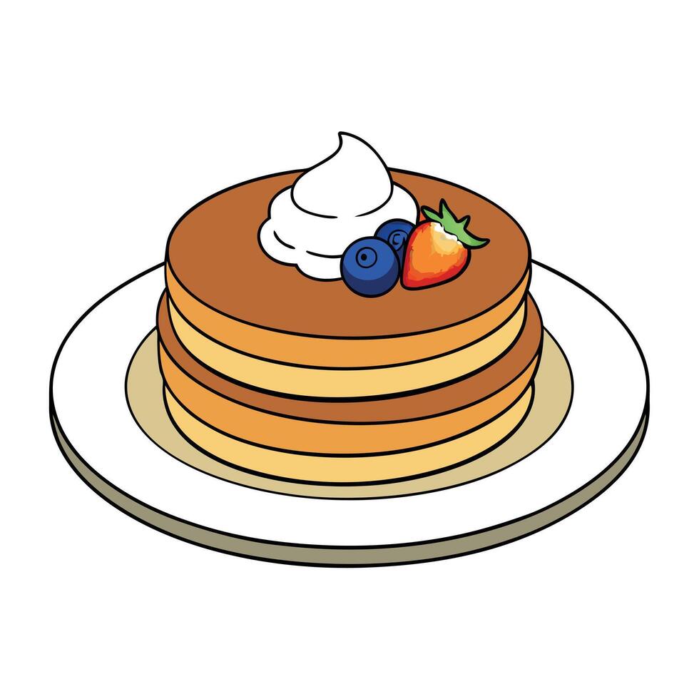 A delicious breakfast of pancakes with fresh fruit and whipped cream. vector