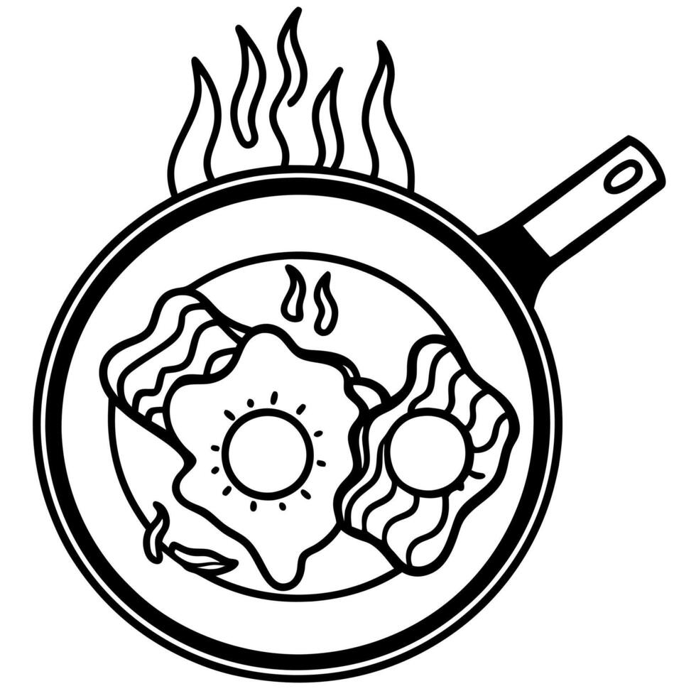 Cast Iron Pan With Sunny Side Up Eggs and Bacon on Campfire Coals vector