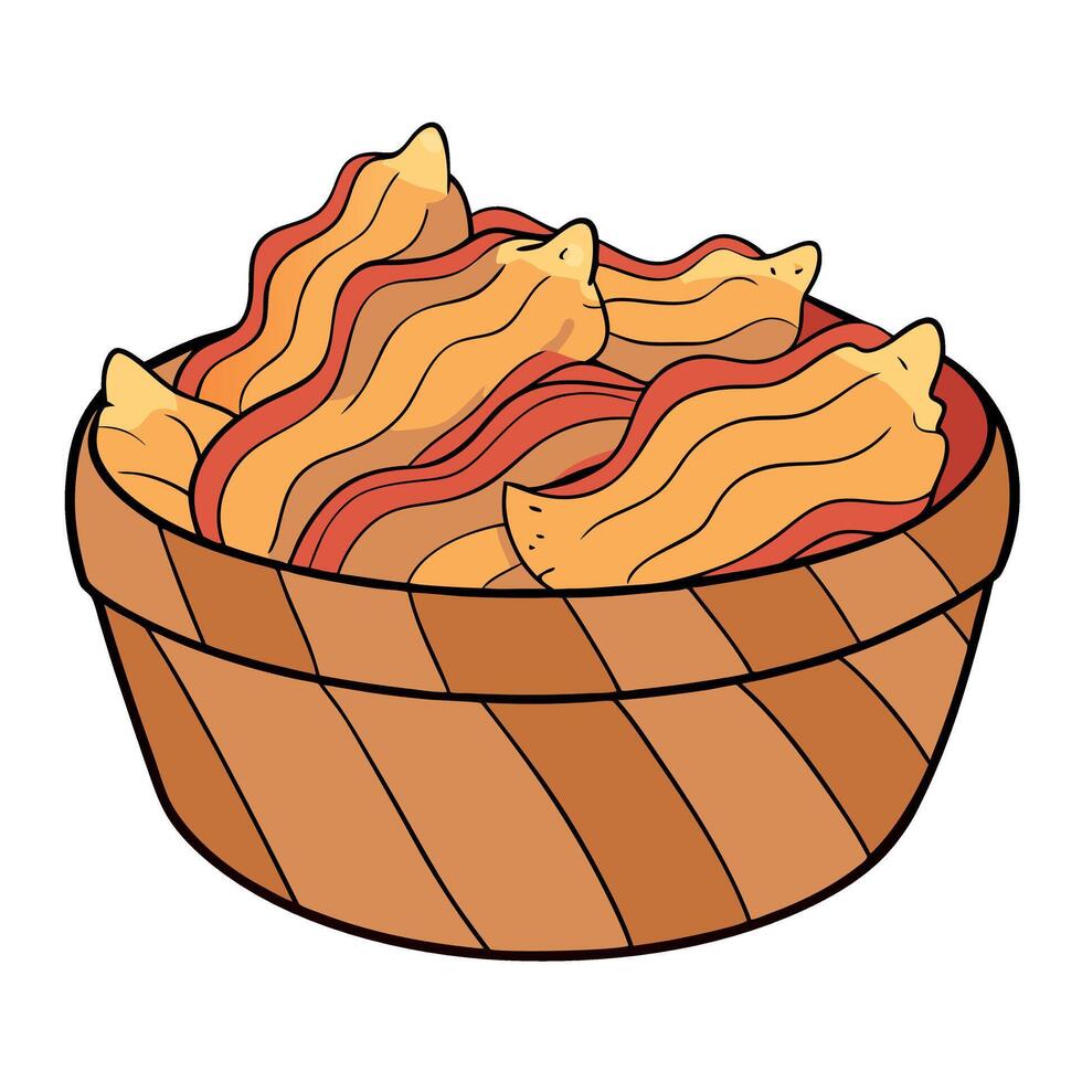 Crispy potato chips with smoked bacon on rustic wooden background vector