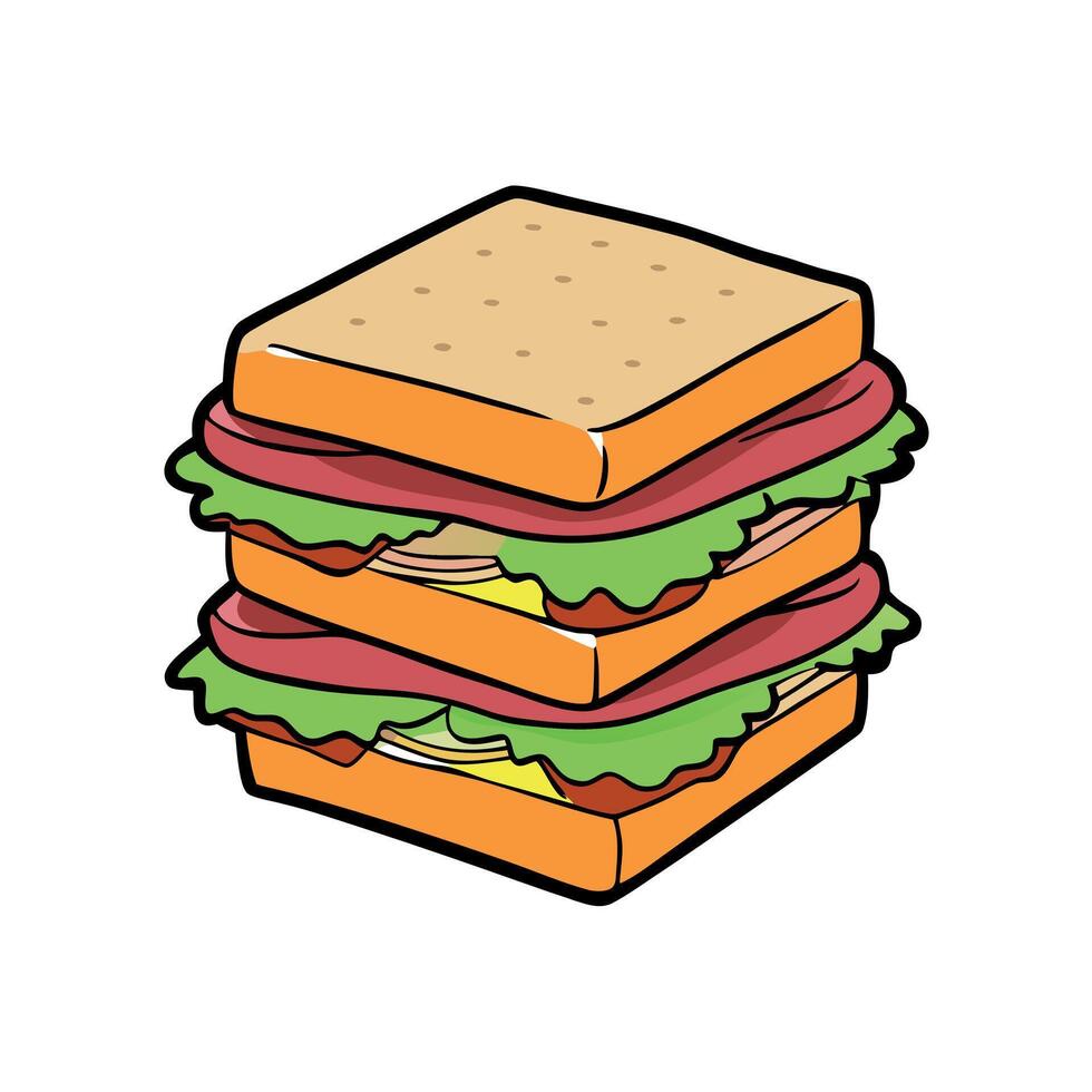 A sandwich with ham and lettuce is stacked on top of another sandwich vector