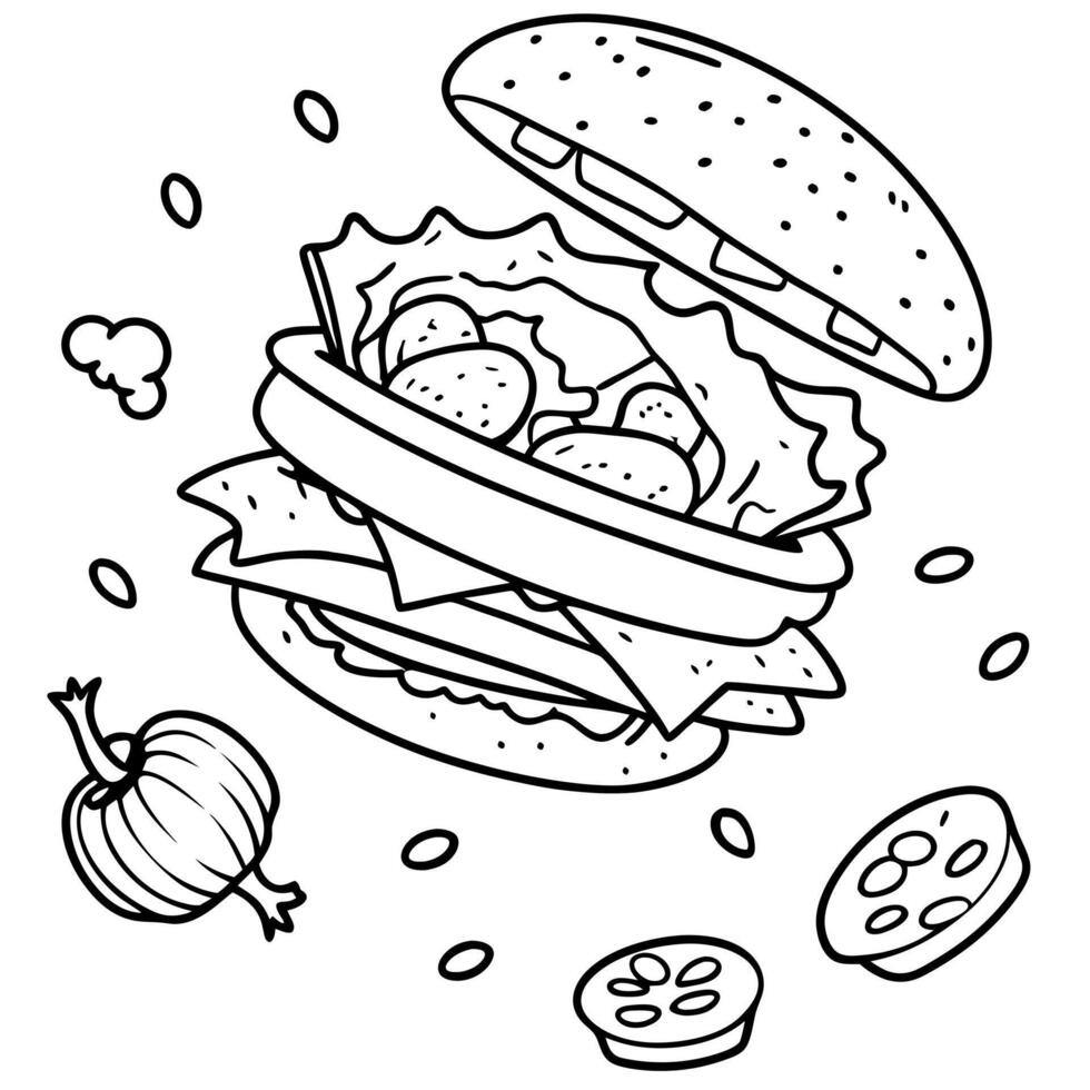 Delicious burger falling apart with ingredients floating around vector