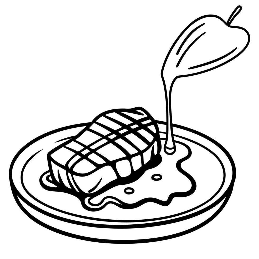 A juicy steak being drizzled with savory sauce on a white plate. vector