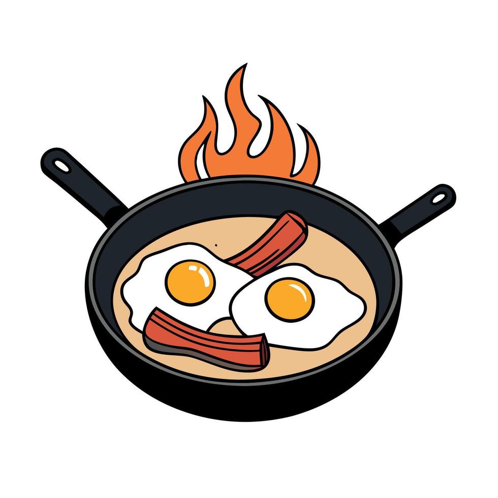 Cast Iron Pan With Sunny Side Up Eggs and Bacon Over Open Fire vector