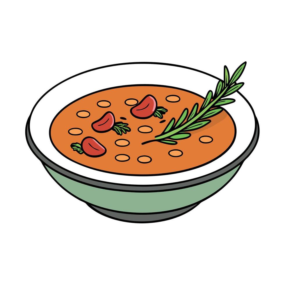 A plate of hearty bacon and lentil soup garnished with fresh herbs vector