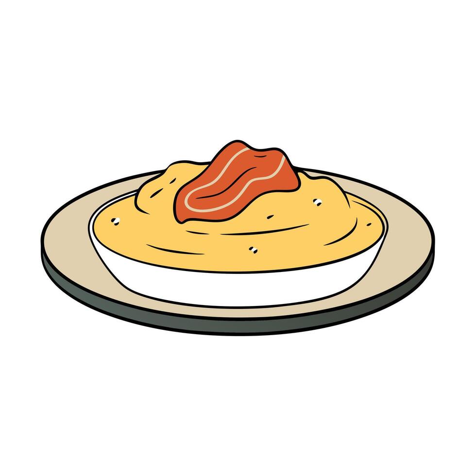 A plate of creamy mashed potatoes topped with crispy bacon strips vector