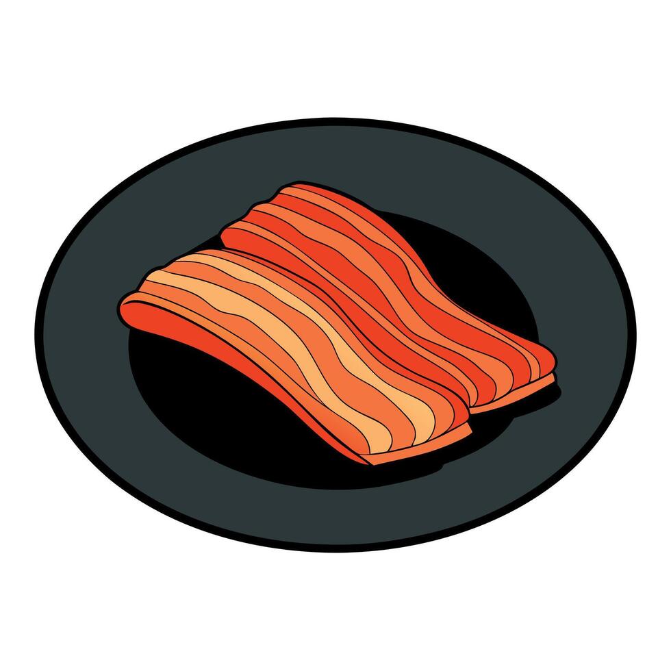 Crispy slices of baked bacon on a black plate. dark background vector