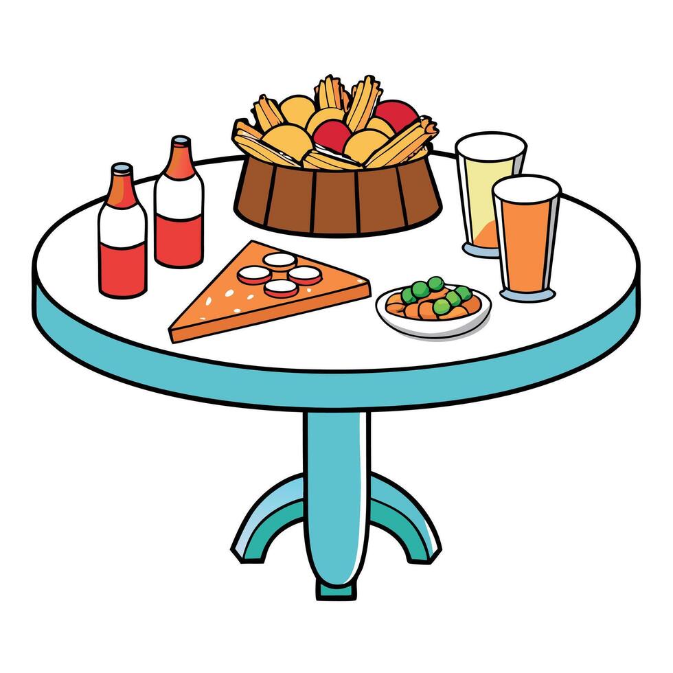 A table full of food including pizza. fries. and chicken wings vector